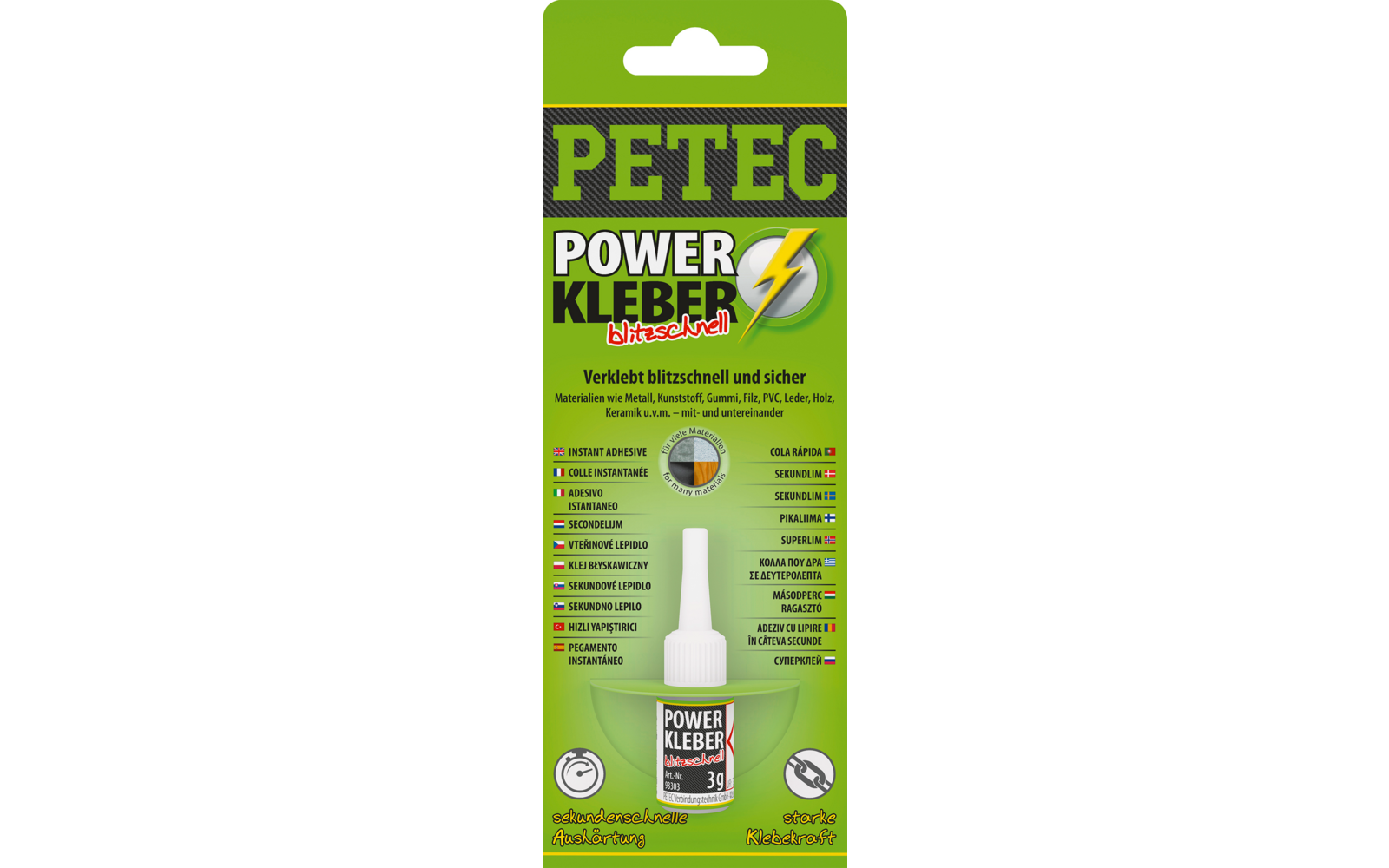 Grüne Blisterverpackung mit Aufhänger und weißer Kleberflasche. Oben großer Schriftzug 'PETEC', darunter 'POWER KLEBER' mit gelbem Blitzsymbol und rotem Schriftzug 'blitzschnell'. Flasche mit schwarzem Etikett 'POWER KLEBER' und '30 g'