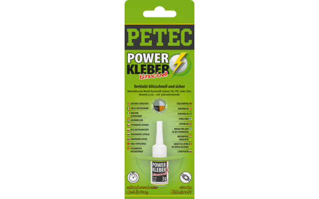 Grüne Blisterverpackung mit Aufhänger und weißer Kleberflasche. Oben großer Schriftzug 'PETEC', darunter 'POWER KLEBER' mit gelbem Blitzsymbol und rotem Schriftzug 'blitzschnell'. Flasche mit schwarzem Etikett 'POWER KLEBER' und '30 g'