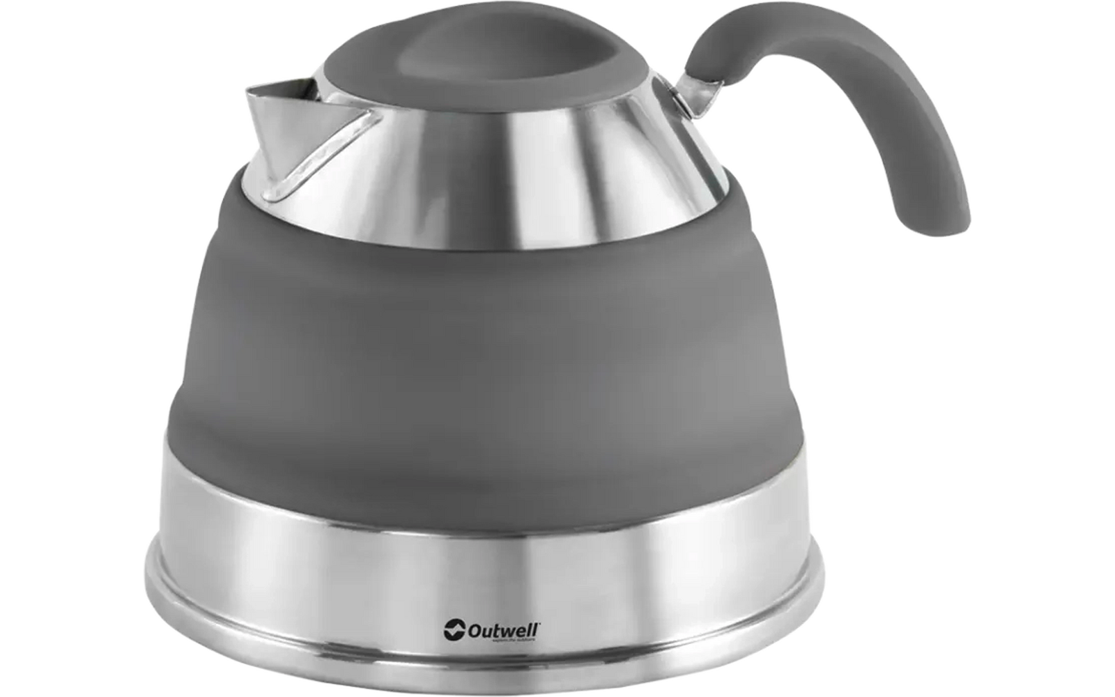 Inklapbare elektrische waterkoker met grijze siliconen behuizing en zwarte handgreep