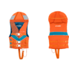 Zwei orange Schwimmwesten nebeneinander; links Vorderansicht mit drei Schnallen und Schrittgurt, rechts Rückansicht