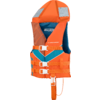 Orange Schwimm-/Rettungsweste mit blauer Innenpolsterung, zwei reflektierenden Schulterpatches, drei weißen Verschlüssen, sichtbarem „HYDROFORCE“-Logo auf der Brust und Schrittgurt