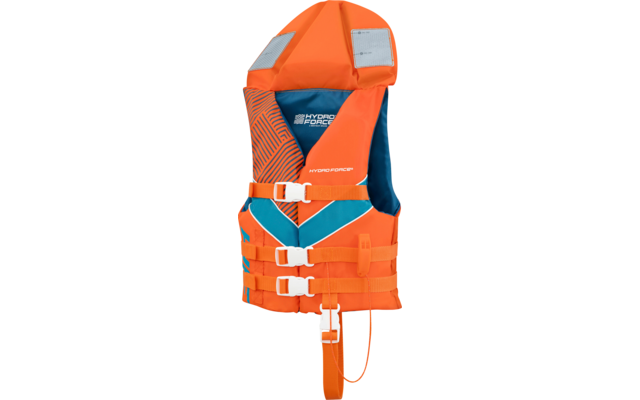 Orange Schwimm-/Rettungsweste mit blauer Innenpolsterung, zwei reflektierenden Schulterpatches, drei weißen Verschlüssen, sichtbarem „HYDROFORCE“-Logo auf der Brust und Schrittgurt