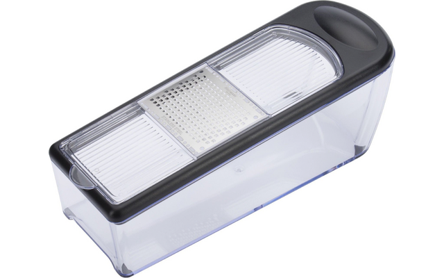 Contenant rectangulaire en plastique transparent avec couvercle gris foncé, le couvercle comporte au centre une plaque métallique carrée avec de nombreux trous, des surfaces en plastique rainurées à gauche et à droite et une encoche ronde pour le doigt à une extrémité