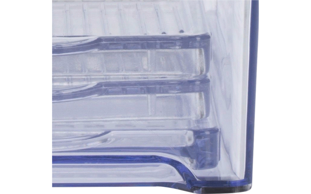 Boîte rectangulaire en plastique transparent avec couvercle noir et trois plateaux transparents empilés et extractibles