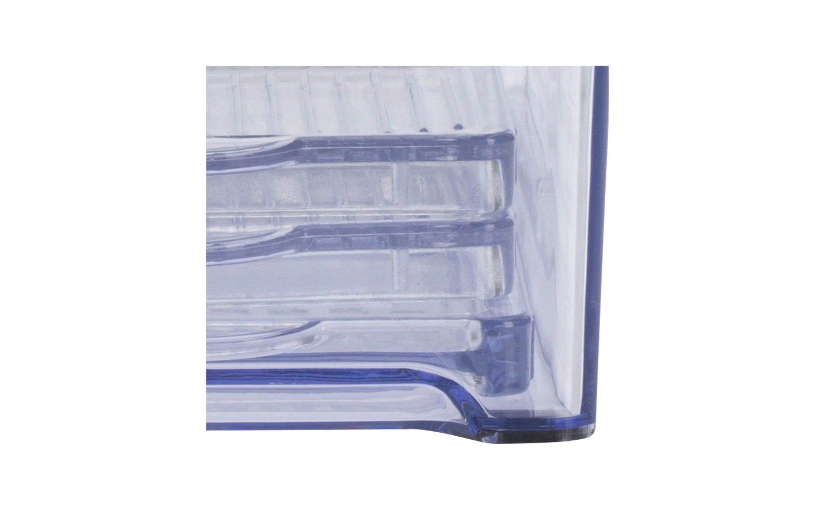 Boîte rectangulaire en plastique transparent avec couvercle noir et trois plateaux transparents empilés et extractibles