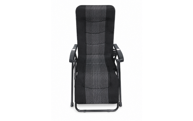 Fauteuil inclinable noir avec panneau central gris rayé, cadre en métal et accoudoirs sur fond blanc