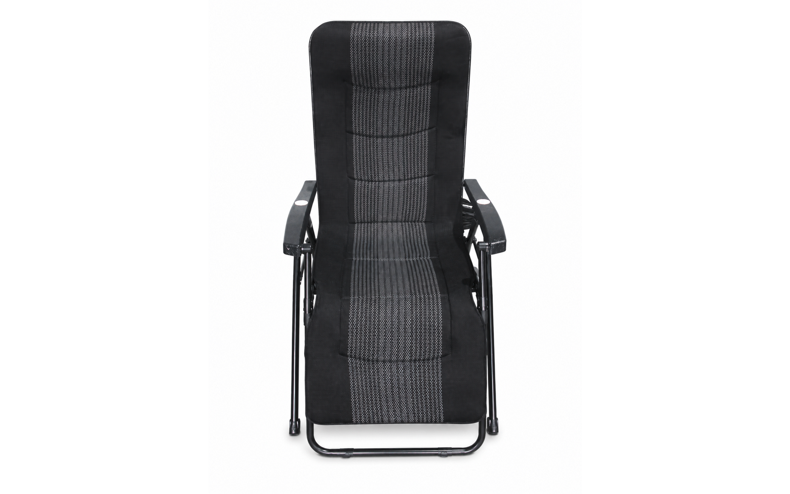 Fauteuil inclinable noir avec panneau central gris rayé, cadre en métal et accoudoirs sur fond blanc