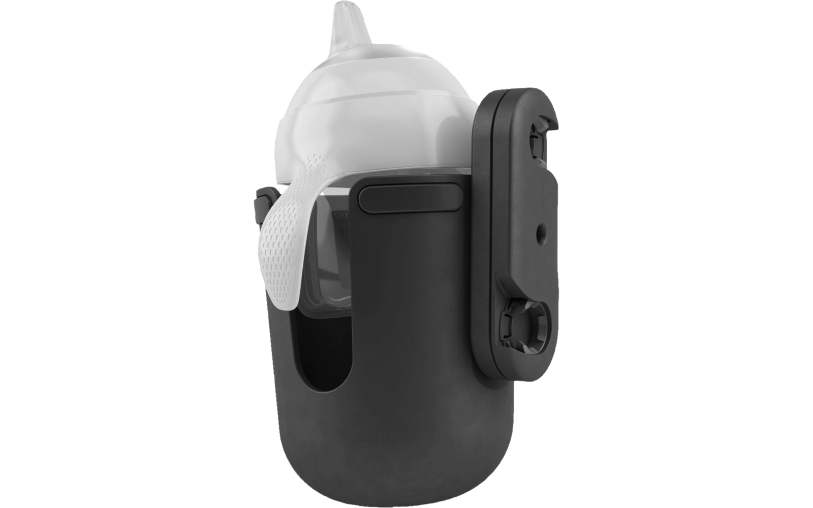 Transparente Trinkflasche mit weichem Schnabel in schwarzem Halter mit Clip vor hellgrauem Hintergrund