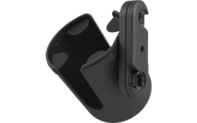 Schwarzes Kunststoffteil mit Klemmclip und C-förmiger Halterung, sichtbare Schraube an der Seite, schwebt über hellem grauem Hintergrund mit Schatten darunter