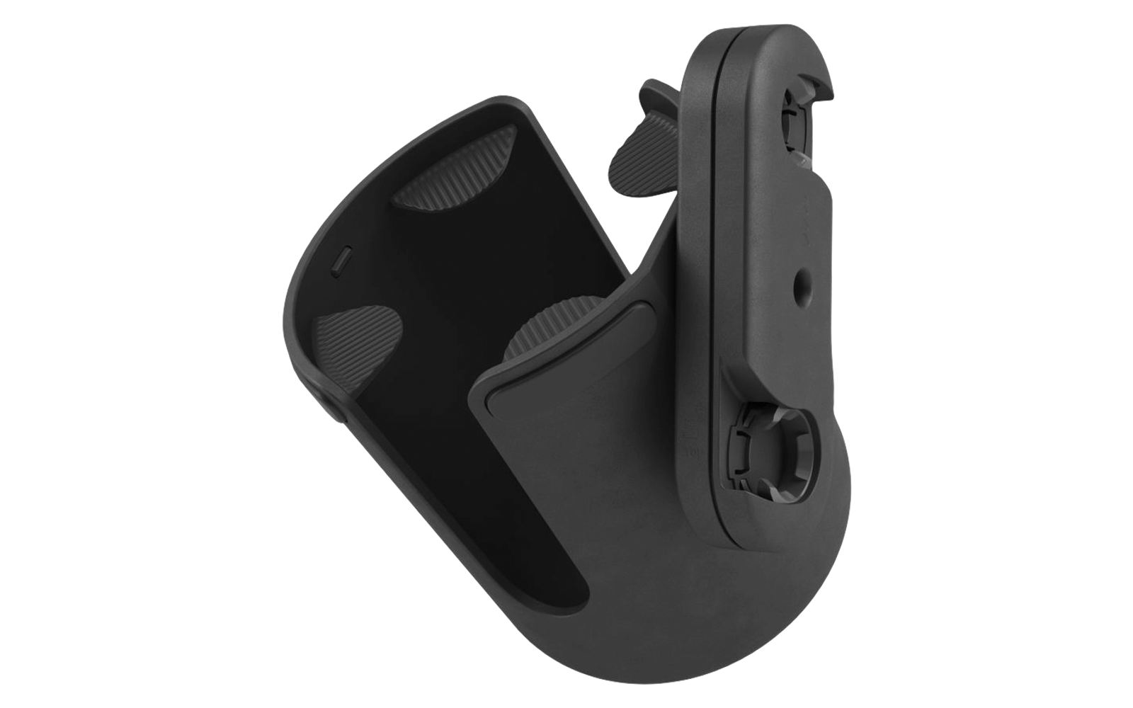 Schwarzes Kunststoffteil mit Klemmclip und C-förmiger Halterung, sichtbare Schraube an der Seite, schwebt über hellem grauem Hintergrund mit Schatten darunter