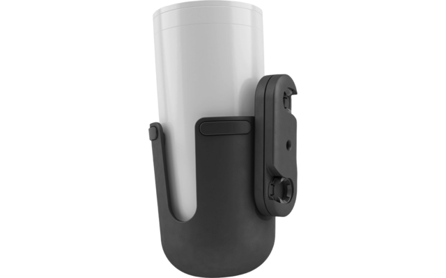 Weißes zylindrisches Gefäß in dunklem Kunststoffhalter mit seitlicher Klemmvorrichtung