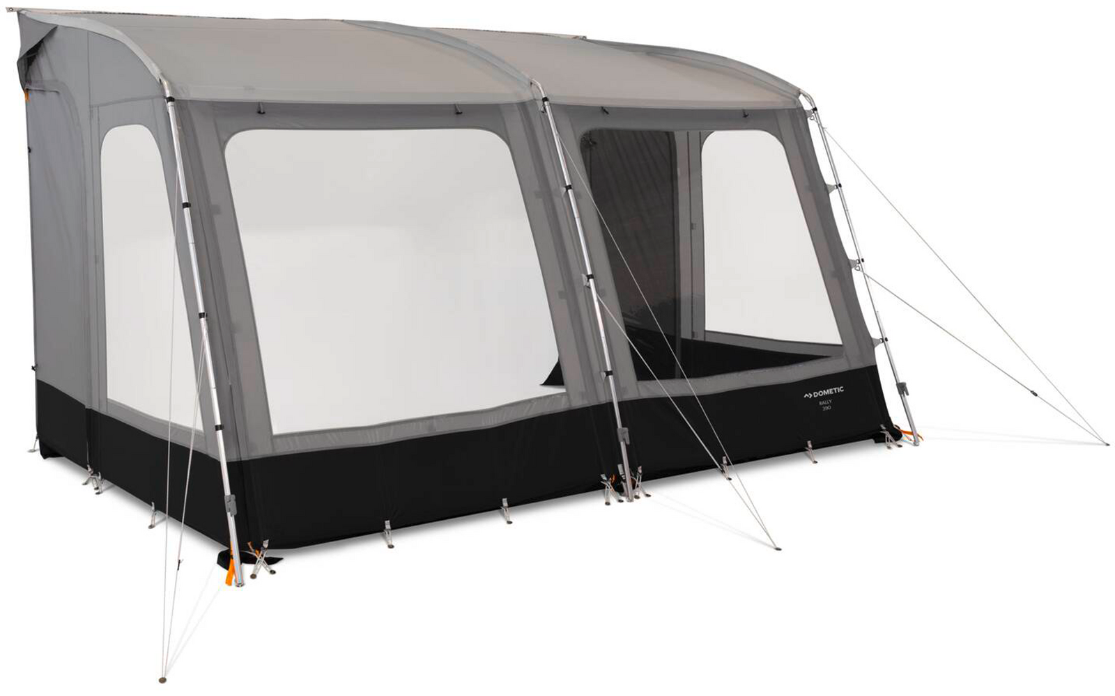 Großes graues Zelt mit drei großen transparenten Fenstern, schwarzem Unterteil, Gestänge und mehreren Abspannseilen auf weißem Hintergrund