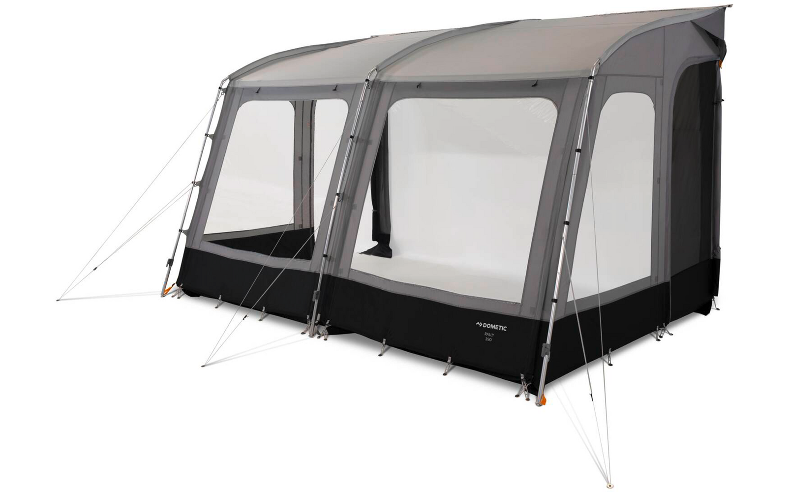 Graues aufblasbares Vorzelt mit zwei großen Fensterflächen, schwarzem Unterteil, Spannleinen und Heringen