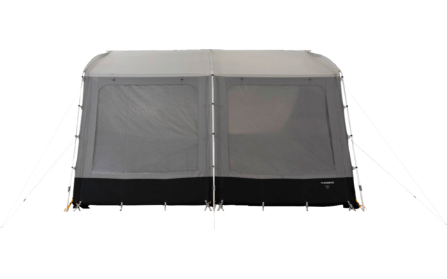 Front view of a light gray tent with two large mesh windows, black base panel, central zipper opening and visible guy lines