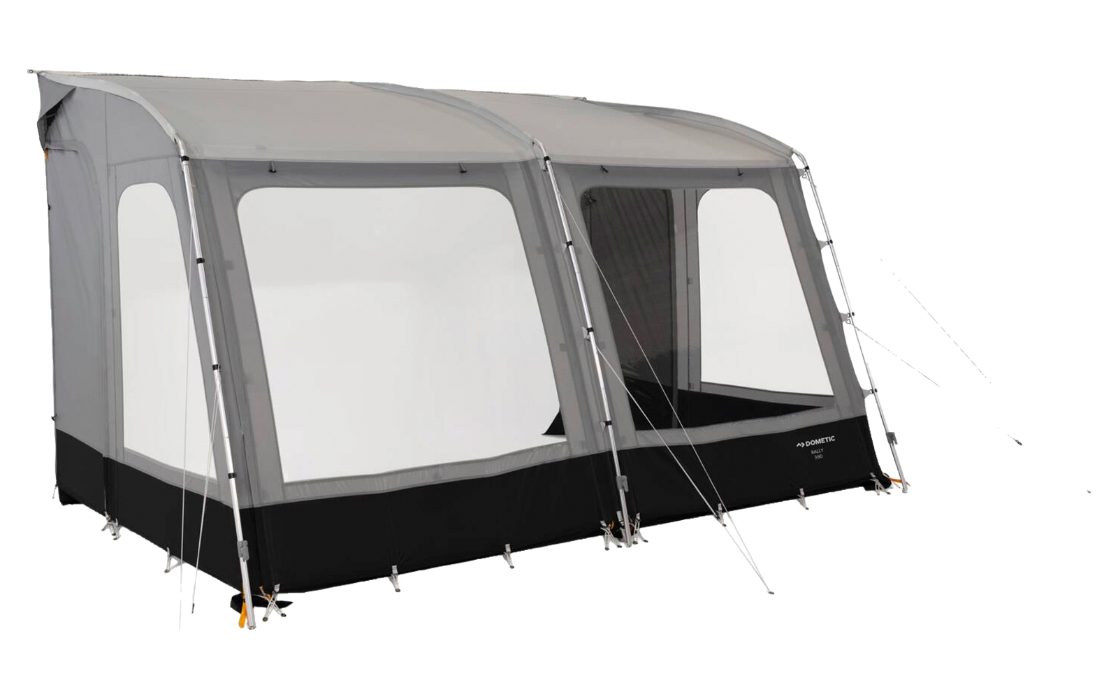 Large grey tent with three large transparent windows, black lower skirt, support poles and multiple guy lines on a white background