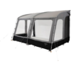 Gray inflatable awning with two large window panels, black base trim, guy lines and stakes