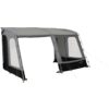 Grey awning with two large rectangular front openings, side windows, black groundsheet, curved inflatable beams and guy lines