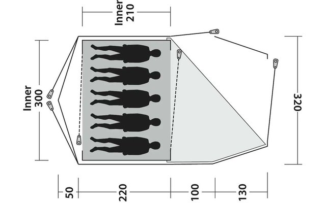 Schematische Draufsicht eines zweigeteilten Grundrisses mit sechs schwarzen Menschen‑Silhouetten in der linken rechteckigen Fläche, einer dreieckigen rechten Fläche, eingezeichneten Abspann-/Befestigungspunkten und Seitenmaßen in Zentimetern