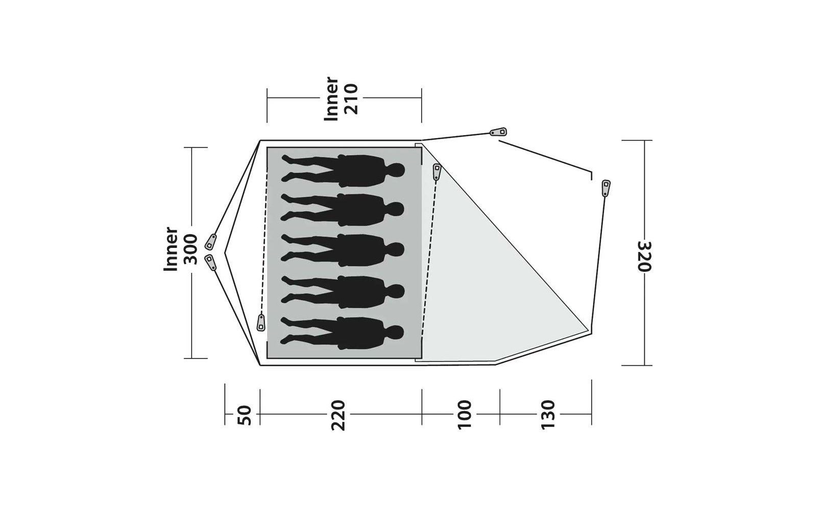 Schematische Draufsicht eines zweigeteilten Grundrisses mit sechs schwarzen Menschen‑Silhouetten in der linken rechteckigen Fläche, einer dreieckigen rechten Fläche, eingezeichneten Abspann-/Befestigungspunkten und Seitenmaßen in Zentimetern