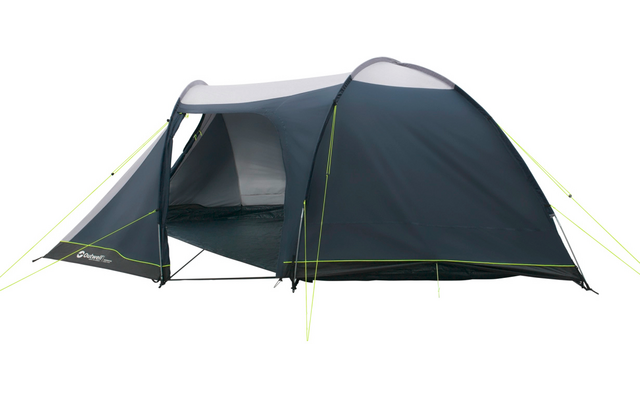 dunkelgraues bis blaugraues Campingzelt mit offenem Eingang, sichtbarem Innenraum mit heller Innenauskleidung, neongrünen Abspannleinen und Zeltstangen