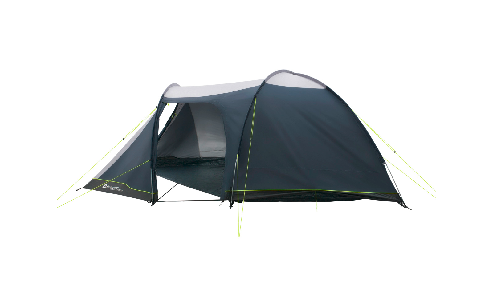 dunkelgraues bis blaugraues Campingzelt mit offenem Eingang, sichtbarem Innenraum mit heller Innenauskleidung, neongrünen Abspannleinen und Zeltstangen