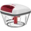 Bol rond transparent en plastique avec bord gris; à l'intérieur une tige verticale rouge et des lames métalliques visibles; dessus un couvercle blanc arrondi avec une cavité rouge ouverte et l'inscription rouge 'Westmark'
