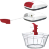 Bol rond en plastique transparent avec lames métalliques visibles, axe en plastique rouge et pièces de couvercle blanc et rouge, cordon blanc tiré avec poignée rouge ; pièces séparées