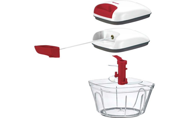 Bol rond en plastique transparent avec lames métalliques visibles, axe en plastique rouge et pièces de couvercle blanc et rouge, cordon blanc tiré avec poignée rouge ; pièces séparées
