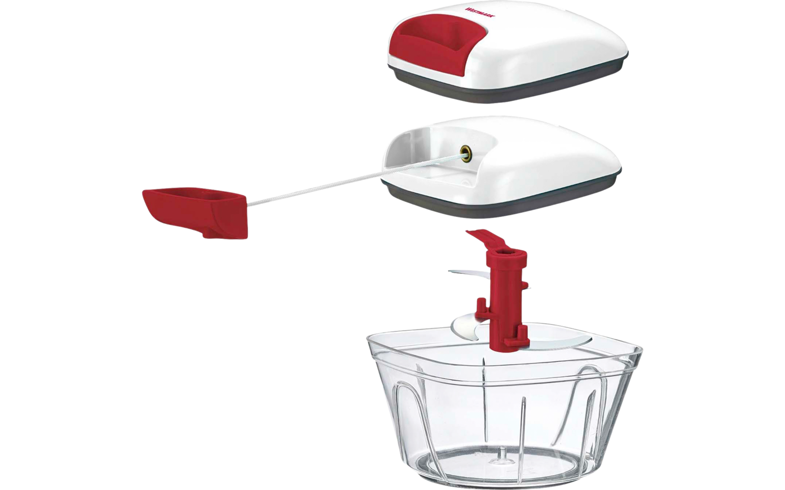 Bol rond en plastique transparent avec lames métalliques visibles, axe en plastique rouge et pièces de couvercle blanc et rouge, cordon blanc tiré avec poignée rouge ; pièces séparées