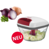 Hachoir de cuisine blanc et rouge avec bol transparent contenant des oignons hachés; à côté oignons rouges et jaunes entiers et une branche de persil; cercle rouge avec texte NEU; logo Westmark en haut à droite