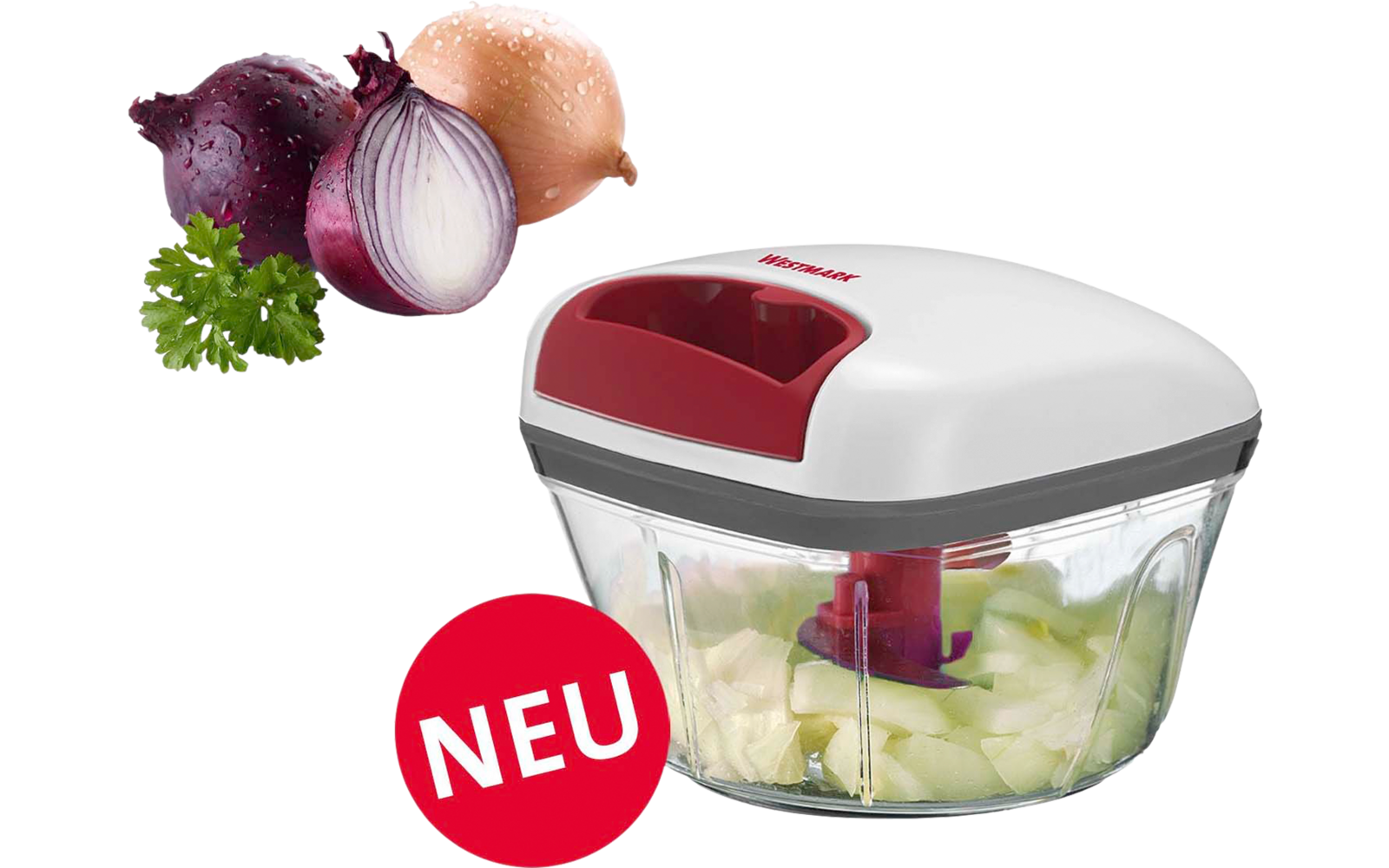Hachoir de cuisine blanc et rouge avec bol transparent contenant des oignons hachés; à côté oignons rouges et jaunes entiers et une branche de persil; cercle rouge avec texte NEU; logo Westmark en haut à droite