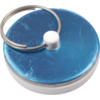 Disque rond bleu métallisé avec bord blanc et anneau métallique, rayures sur la surface