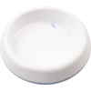 Écuelle ronde blanche en plastique avec bord surélevé, intérieur lisse et petite marque bleue sur le bord