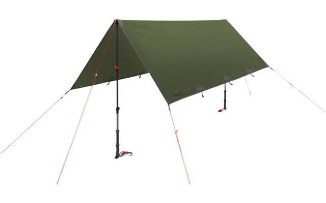 Grünes Zelt mit roten Abspannleinen auf weißem Hintergrund
