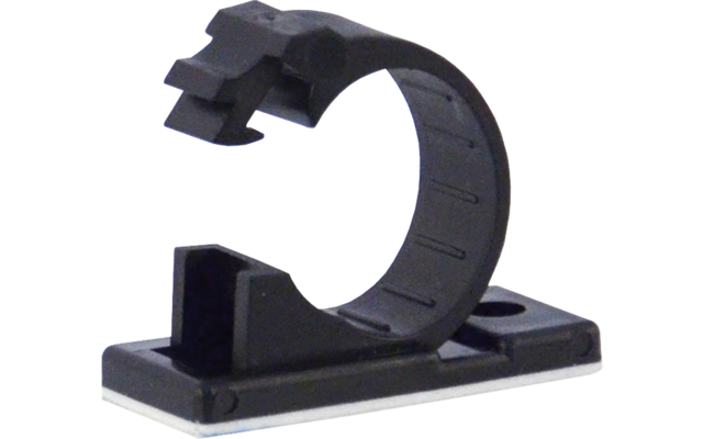 Pieza de plástico negra en forma de C sobre base rectangular con tira adhesiva blanca visible, aislada sobre fondo blanco