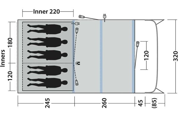 Schematische Draufsicht eines rechteckigen Grundrisses, in drei Bereiche unterteilt; links fünf liegende menschliche Silhouetten nebeneinander, mittlerer Bereich mit zwei vertikalen Linien, rechts abgerundete Vorderseite; beschriftete Maßzahlen