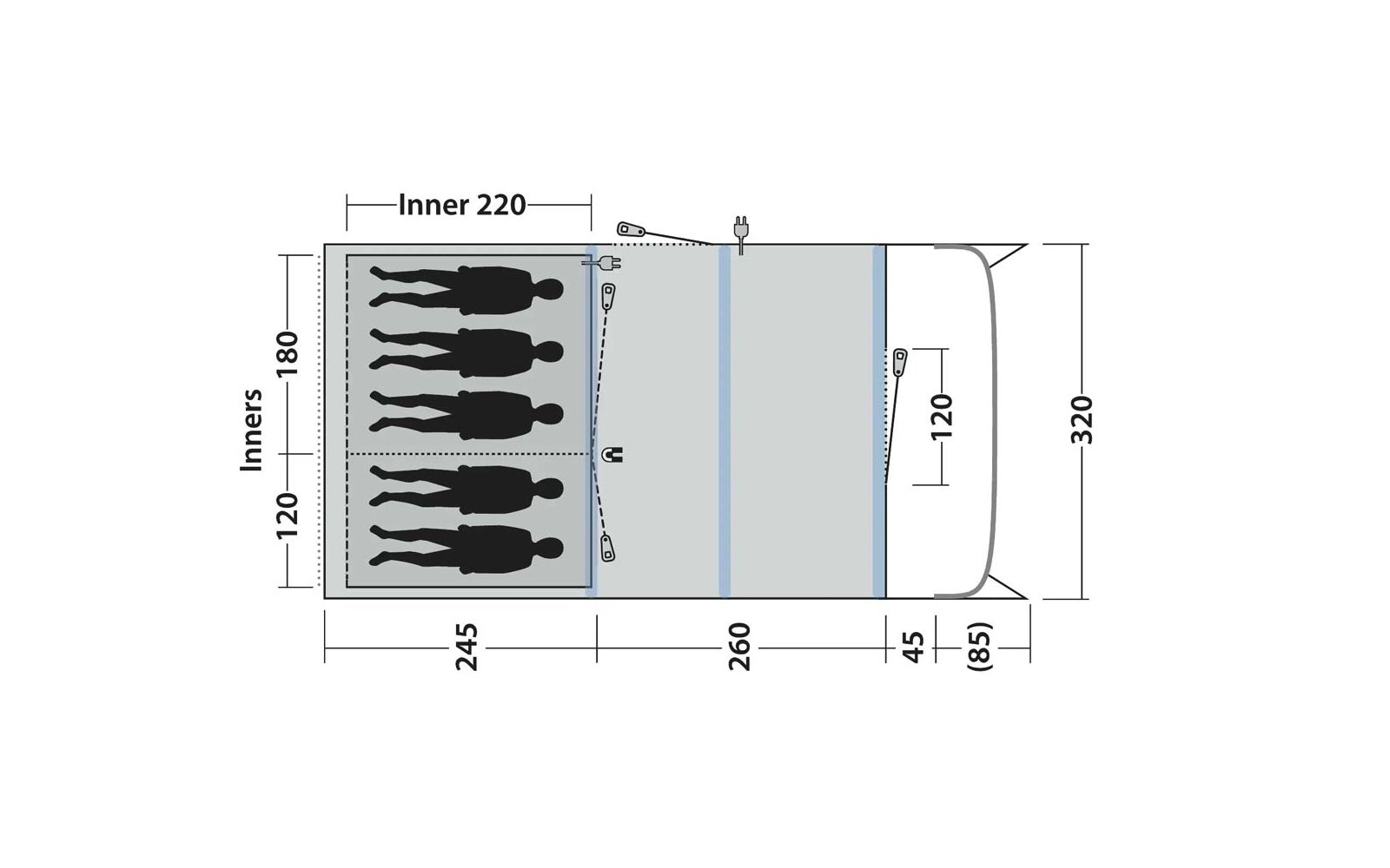 Schematische Draufsicht eines rechteckigen Grundrisses, in drei Bereiche unterteilt; links fünf liegende menschliche Silhouetten nebeneinander, mittlerer Bereich mit zwei vertikalen Linien, rechts abgerundete Vorderseite; beschriftete Maßzahlen