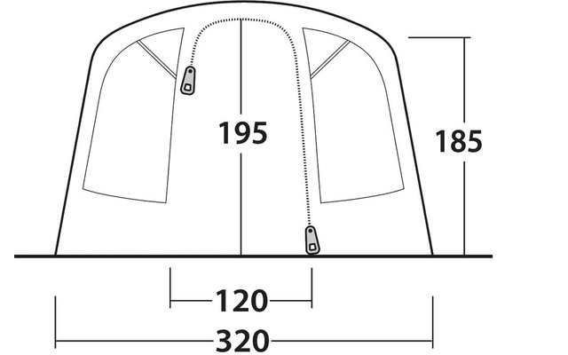 Vorderansicht eines kuppelförmigen Zeltes mit zwei Fensteröffnungen links und rechts, zentraler Reißverschluss mit zwei Zippern; beschriftete Maße 195 (Mitte), 185 (Seite), 120 und 320