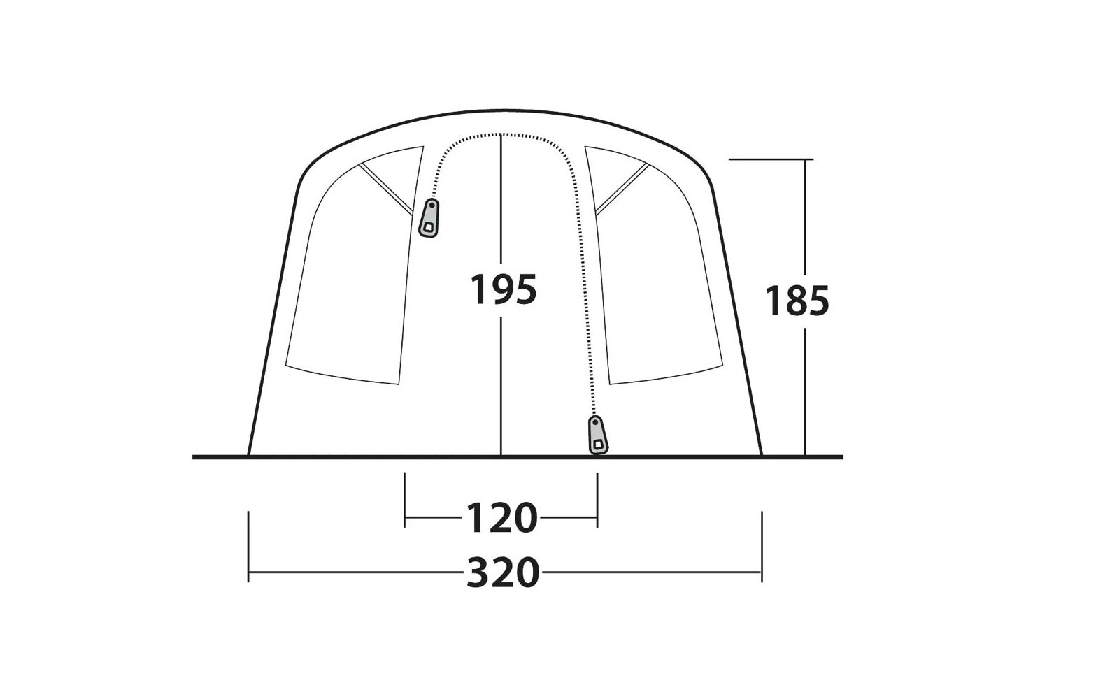 Vorderansicht eines kuppelförmigen Zeltes mit zwei Fensteröffnungen links und rechts, zentraler Reißverschluss mit zwei Zippern; beschriftete Maße 195 (Mitte), 185 (Seite), 120 und 320