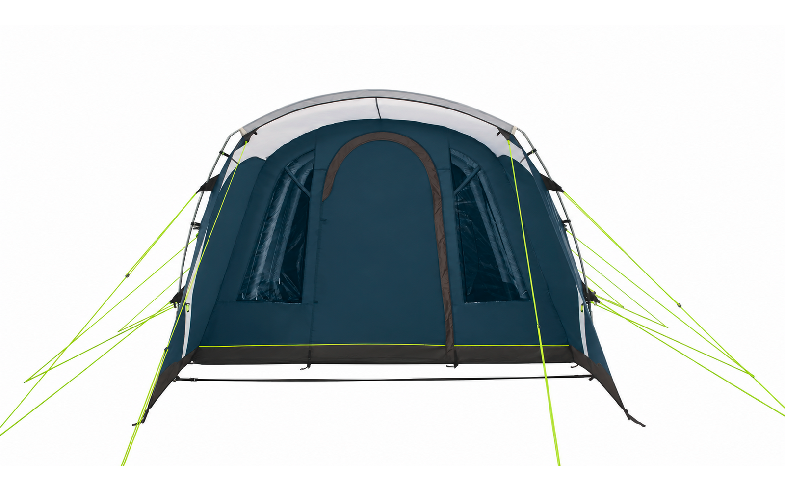 Vorderansicht eines freistehenden Campingzelts auf weißem Hintergrund. Dunkelblau-grünes Zelt mit mittiger Reißverschlusstür, zwei seitlichen Fenstern und leuchtend grünen Abspannleinen