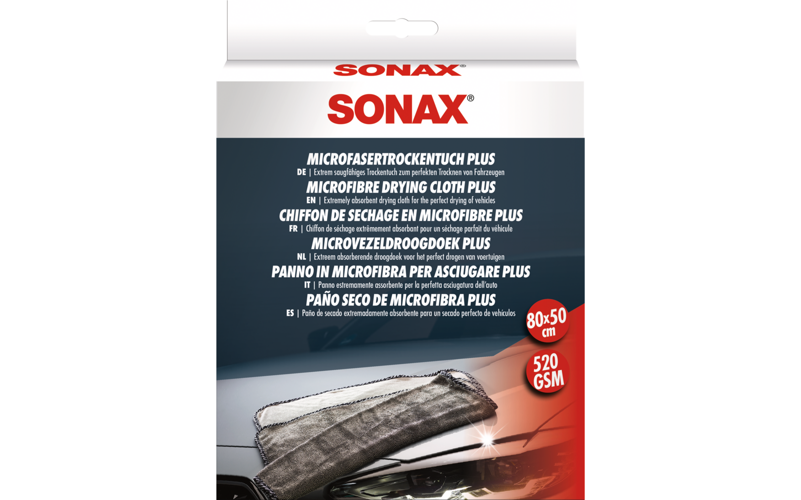 Witte verpakking met SONAX microvezeldoek in rood en zwart