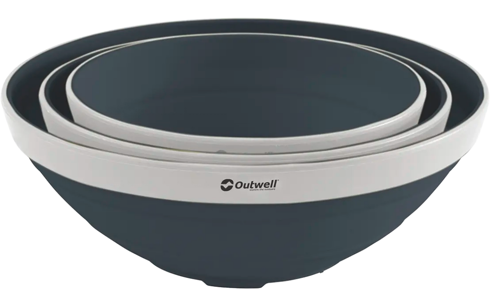 Drei ineinander gestapelte Schüsseln in Grau und Weiß