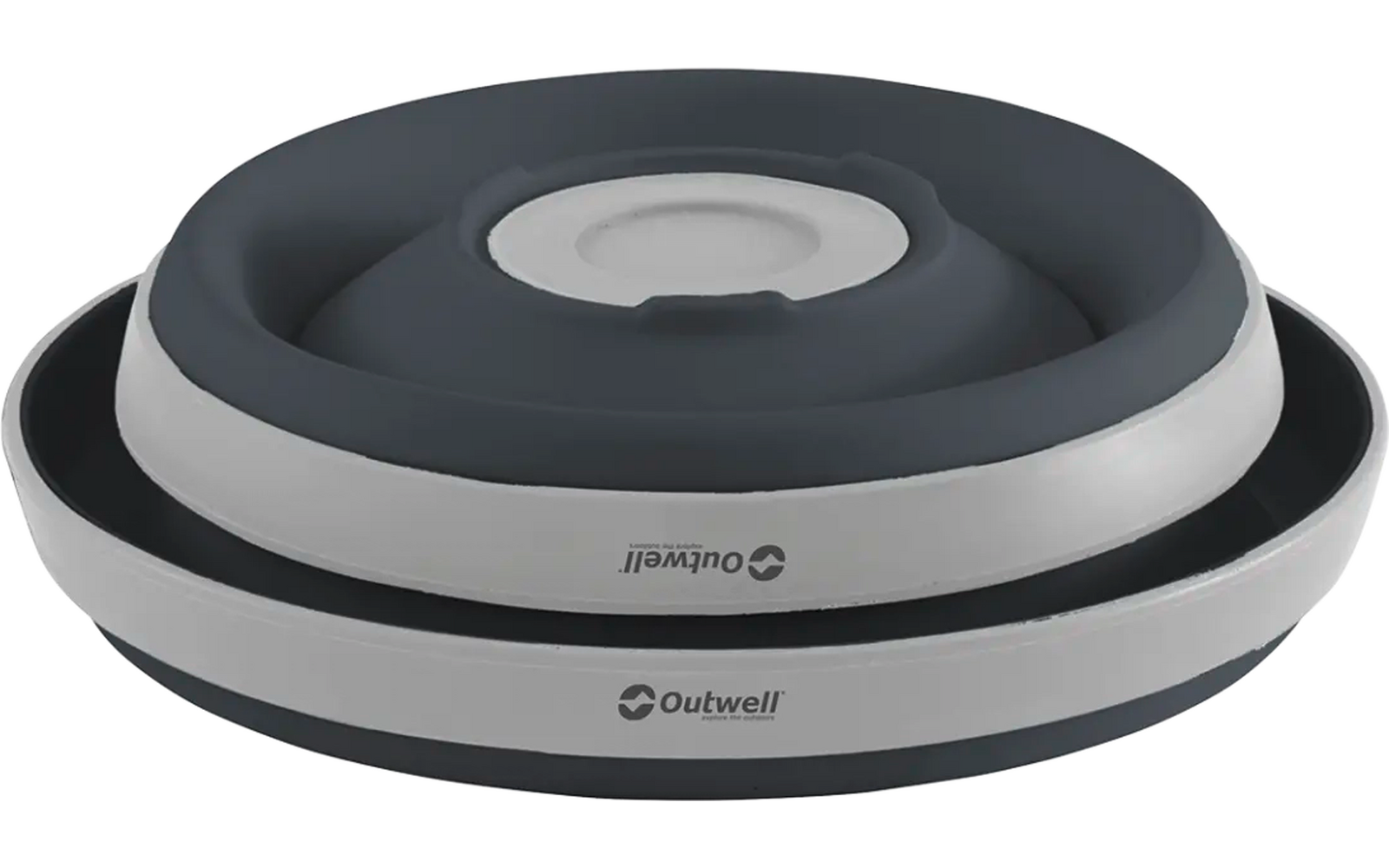 Runde graue und schwarze Lunchbox mit transparentem Deckel und weißem Verschluss