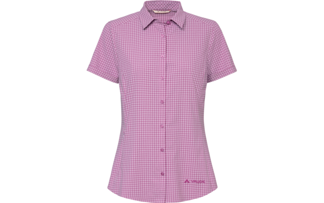 Rosa-weiß kariertes kurzärmliges Hemd mit Kragen, durchgehender Knopfleiste und Logoprint unten rechts