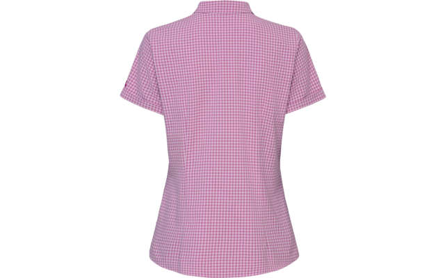 Rückansicht eines kurzärmeligen, rosa-weiß karierten Shirts mit Hemdkragen