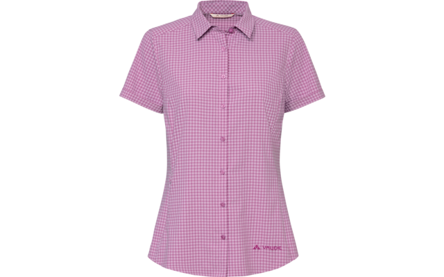 Camicia a quadretti rosa e bianca a maniche corte, collo, abbottonatura frontale e stampa logo in basso a destra