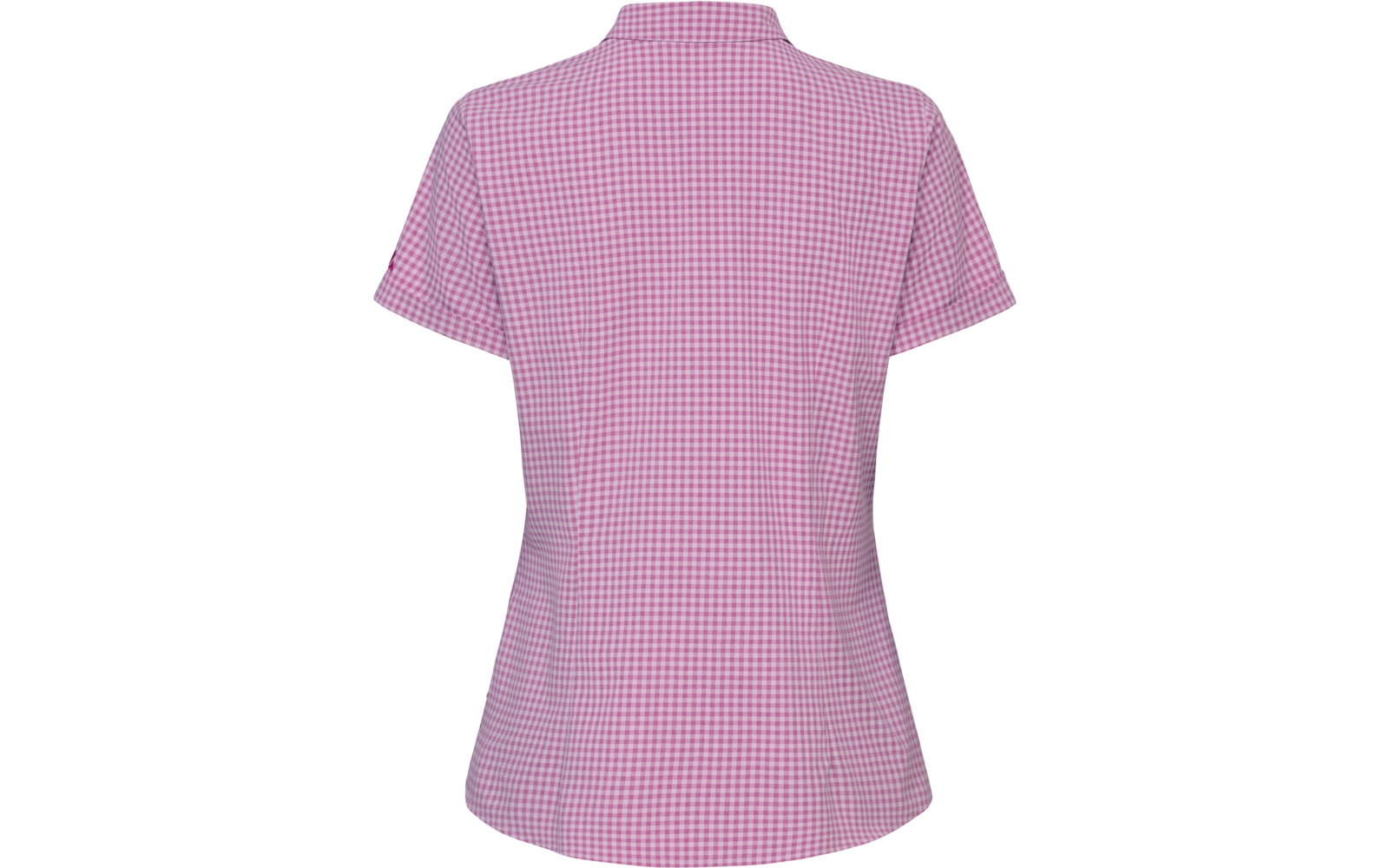 Rückansicht eines kurzärmeligen, rosa-weiß karierten Shirts mit Hemdkragen