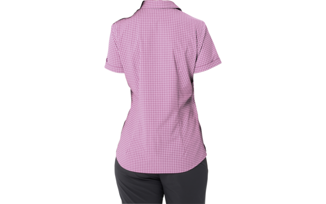 Vista posteriore di una persona con coda di cavallo scura, che indossa una camicia a maniche corte a quadretti viola e pantaloni scuri