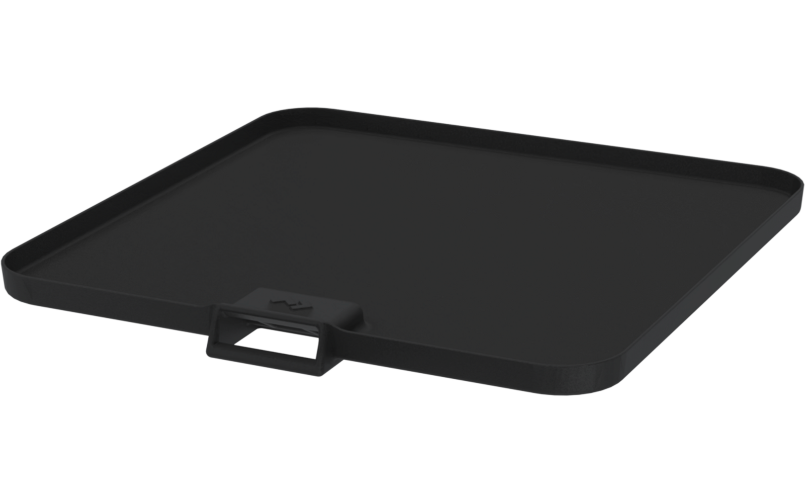 Schwarzes quadratisches flaches Tablett mit erhöhtem Rand und rechteckigem Griff an einer Seite