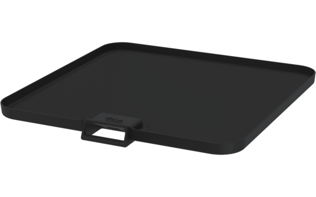 Schwarzes quadratisches flaches Tablett mit erhöhtem Rand und rechteckigem Griff an einer Seite